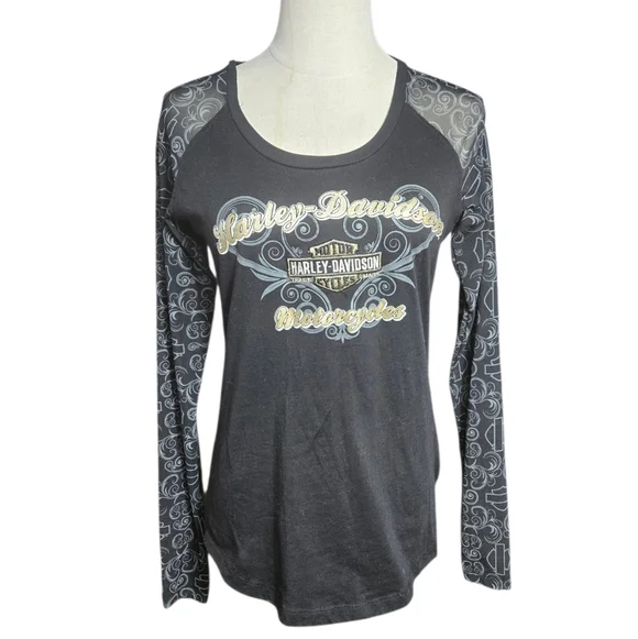 Harley Davidson Black Long Sheer Sleeve Tee Shirt Top - Picture 1 of 7